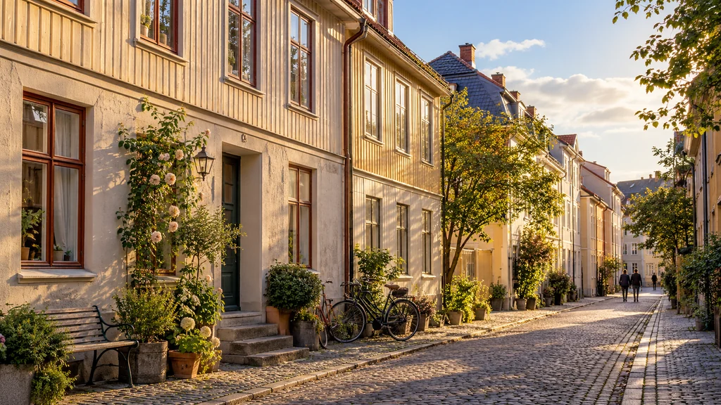 Kullerstensgata i Göteborg med cyklar, blomkrukor och ljusa trähus.