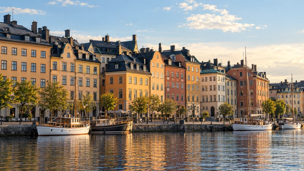 Kajmiljö i Stockholm med varma husfasader och båtar vid vattnet i kvällsljus.