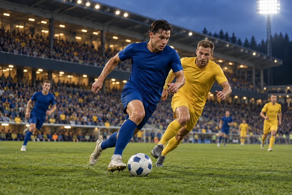 Två fotbollsspelare i blå och gula dräkter kämpar om bollen under strålkastarljus.