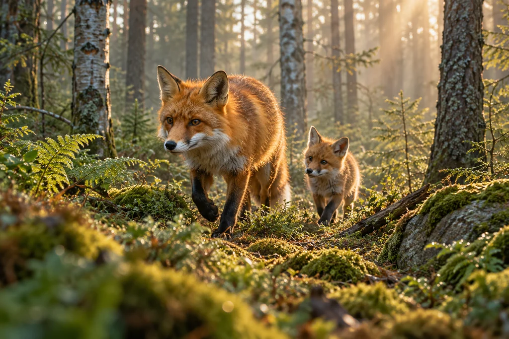En räv och en rävunge går över mossan i en solbelyst skog.