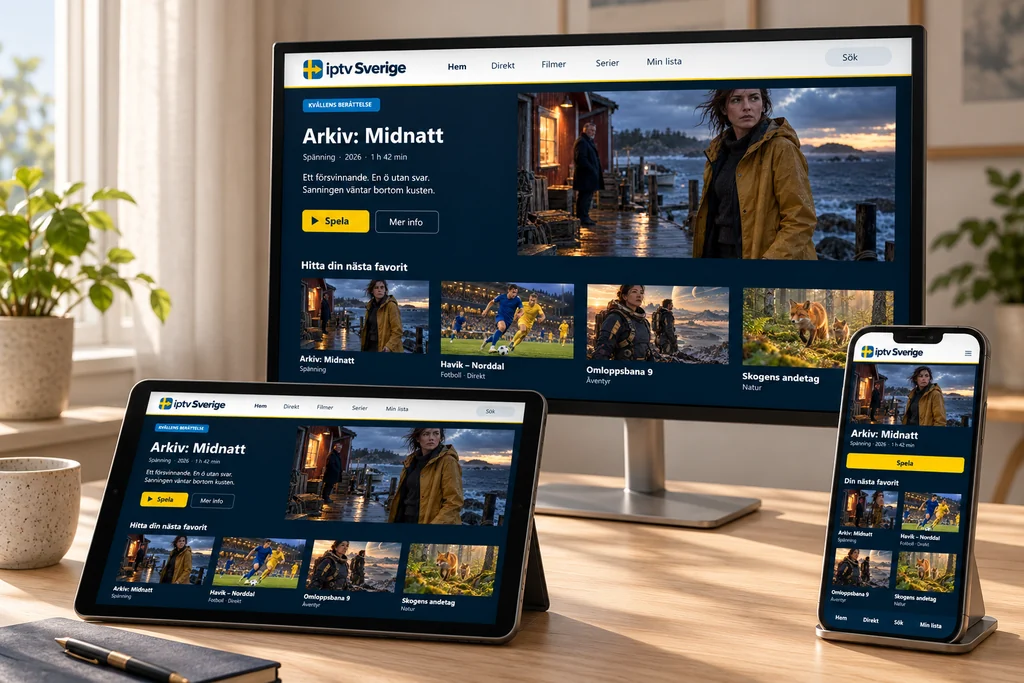 Bildskärm, surfplatta och mobil visar samma svenska underhållningsgränssnitt.
