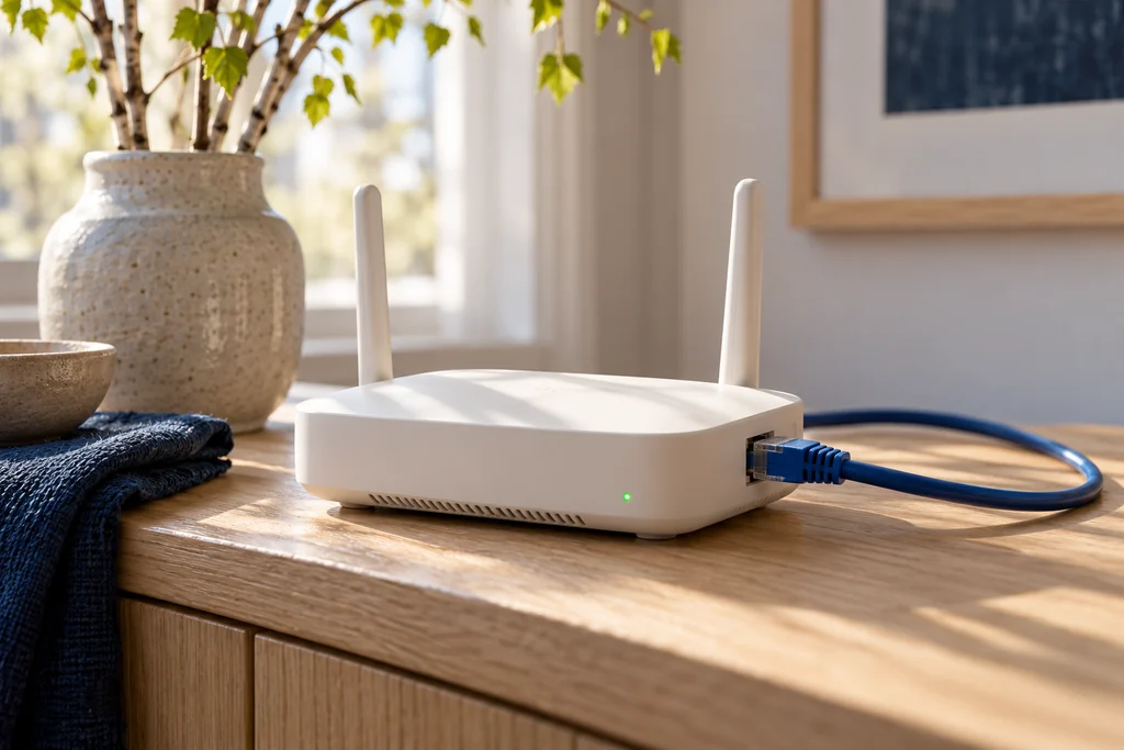 En ljus router med blå nätverkskabel står på en ekmöbel i dagsljus.