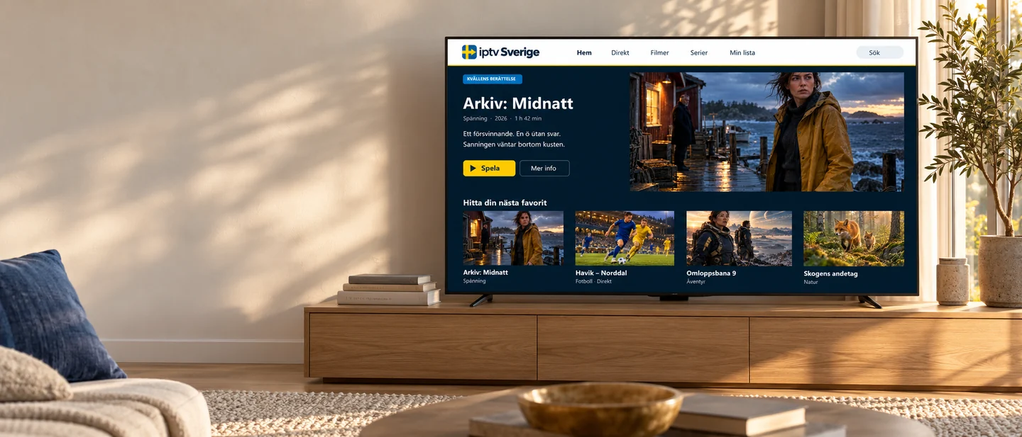 IPTV Sverige visas på en TV i ett ljust vardagsrum med ekmöbler.