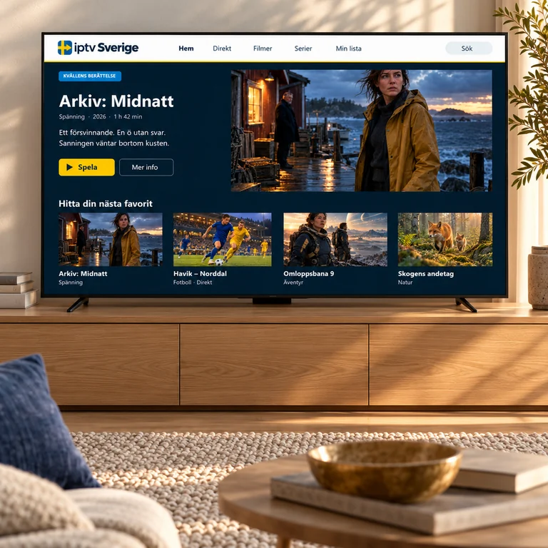 TV med ett svenskt underhållningsgränssnitt i ett ljust vardagsrum.