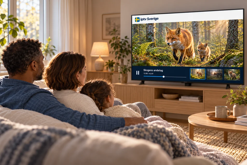 En familj sitter tillsammans i soffan och tittar på ett naturprogram på TV.