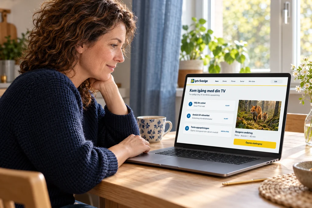 En kvinna följer en svensk installationsguide på sin bärbara dator hemma.