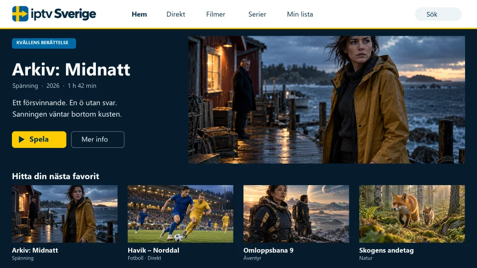 Startsidan i appen med en utvald serie och rader med sport, film och natur.